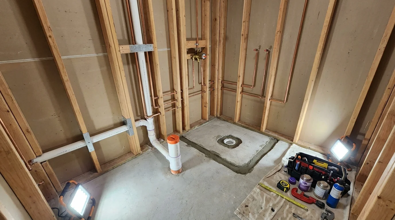 Bathroom rough-in plumbing during remodel by Johns Plumbing LLC in Palos Hills