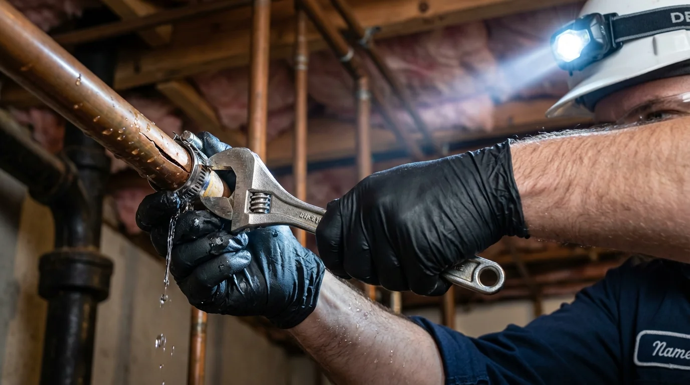 Emergency pipe clamp repair being performed by a Johns Plumbing LLC plumber in Palos Hills