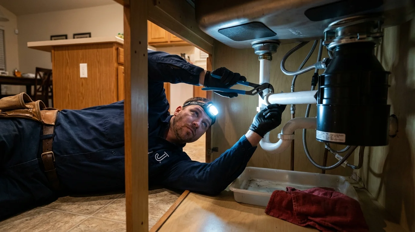 P-trap and supply line connections under a kitchen sink showing a common leak point in Palos Hills, IL